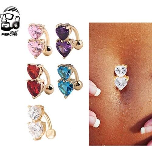 Women Peach Double Zircons Hearts Body Piercing Belly Button Ring Dangle Drop Reverse Navel Bar 5 Colors