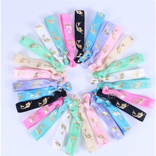 Gold Foil Mermaid printed Knotted Hand 200pcs/lot, 5/8 Elastic Hairband Bowknot Band For Girls Hair Ties Headwear