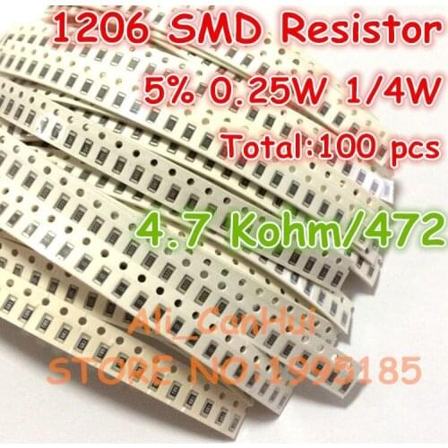 100pcs/lot 1206 5% 4.7 Kohm 4.7K 472 1/4W 0.25W SMD Resistor 3.2*1.6mm