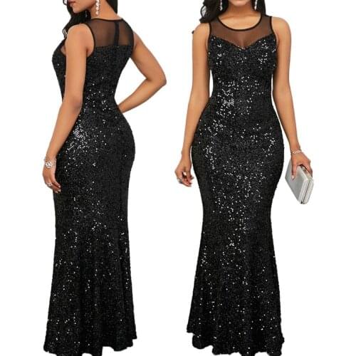 2020 Sexy Black Sequins Shinny Long Dress Women Sleeveless Elegant Evening Maxi Mermaid Dresses