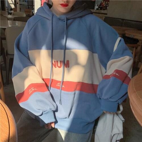 250g Plus Velvet Winter Plus Velvet Sweatshirts Women Thick Color Matching Retro Loose Hooded All-match Harajuku For Female