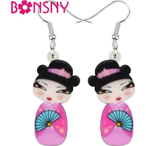 Bonsny Acrylic Anime Japanese Kimono Girl Doll Fan Earrings Drop Dangle Jewelry For Women Girls Teens Kids Charm Gift Accessory