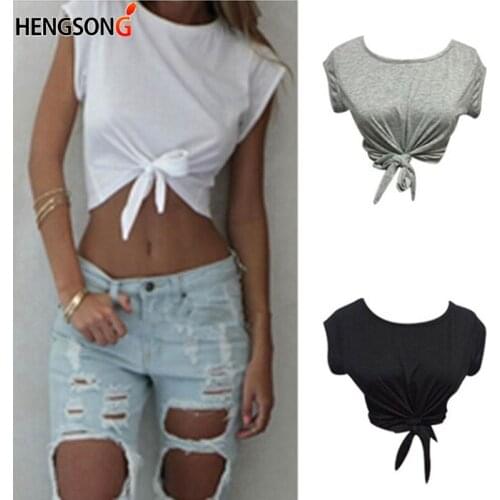 Women Knotted Tie Front Crop Tops Cropped T Shirt Casual Tanks Camis White Grey Color