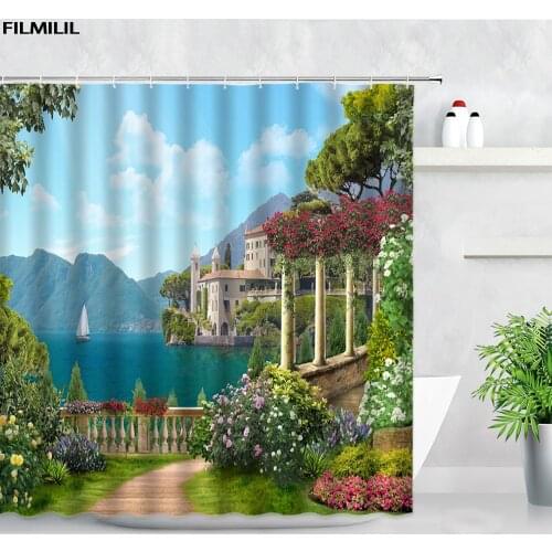 FILMILIL Retro Town Garden Scenery Shower Curtains Sets Flowers European Photography Backdrop Wall Decor Bathroom Bath Curtain