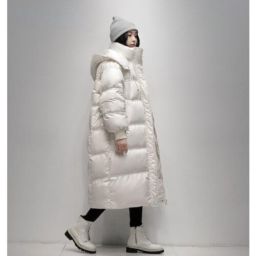 FMFSSOM 2021 Winter White Duck Down Long Jacket Hooded Loose Bubble Coats Women Zipper Fashion Puffer Down Snow Outwear