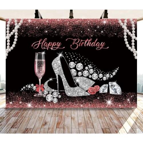 Woman Happy Birthday Party Backdrop Decor Glitter Purple Sliver Birthday Cake Table Background Rose Lady High Heels Photocall