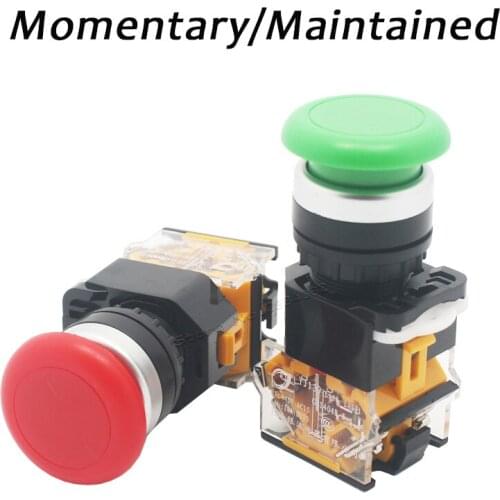22mm Mushroom Cap Push Button Switch Self Reset Spring Return Latching Lock Momentary Maintained 1NO1NC LA38 Panel Button