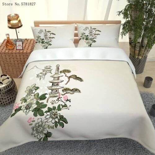 2/3 Pieces Chinese Style Bedding Set Pavilion Flower Duvet Cover Beautiful Landscape Bed Quilt Cover Microfiber Fabric Bedspread