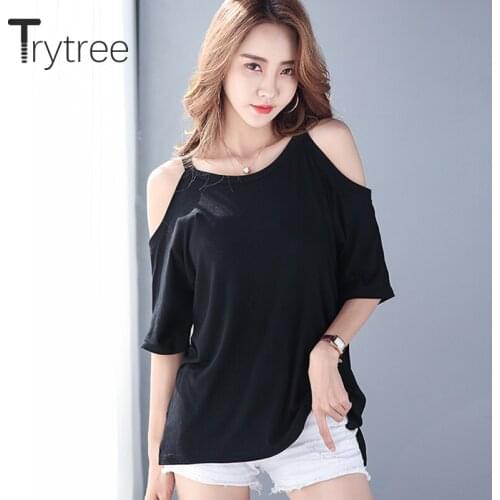 Trytree 2020 Summer Women T-shirt Casual Missing shoulder Solid 2 Color Loose All-Purpose Style Fashion Office Lady T-shirt Tops