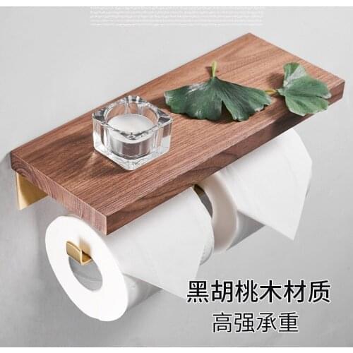 Multi-function Double Toilet paper holder wall moounted Mobile phone rack black walnut wood Bathroom creative tissue roll holder