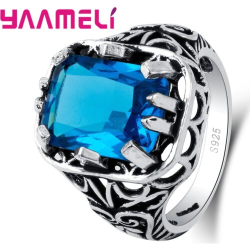 New Arrivals Punk Style Square Blue Zircon Rings Women /Men Party Wedding Vintage Silver Jewelry Accessories