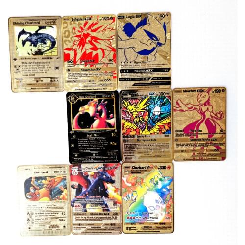 New 9 Styles Pokemon Game Anime Battle Card Gold Metal Card Charizard Pikachu Collection Card Pokemon Gold Metal Card