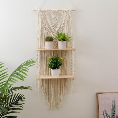 New Bohemian Macrame Tapestry Rack Hand-woven Wall Hanging Flower Storage Wooden Shelf Tapestry Rack Wall Decorative Supplies