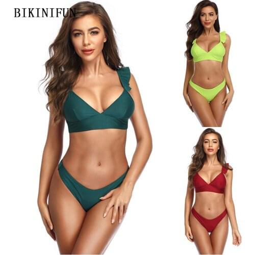 2020 New Sexy Solid Swimsuit Women Triangle Bralette Beachwear Ruffled Strap Swimwear S-XL Girl Backless Bathing Suit Bikini Set