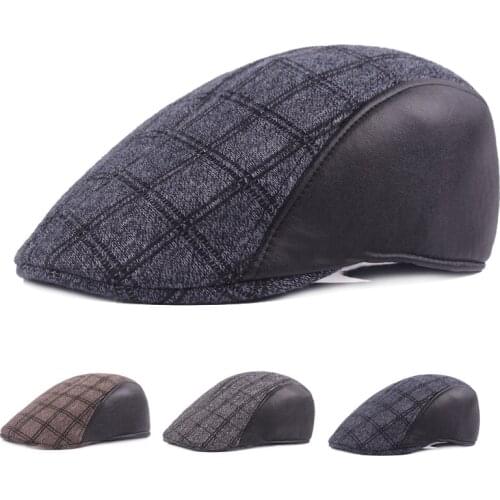 Autumn Winter Berets Cap for Men PU Leather Hat Middle Aged And Old Truck Driver With Leather Cotton Stitching Warm Forward Hat