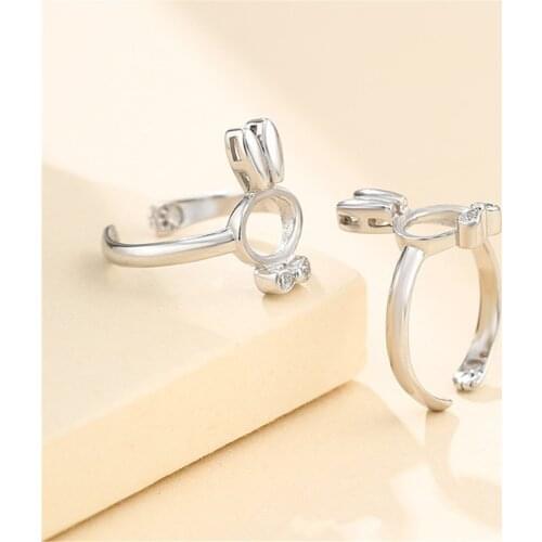 Ring Setting for 8x10mm Oval Cabochons Rabbit Shape Ring Base White Gold Plated 925 Silver Zircon Adjustable Ring Blank SR0099