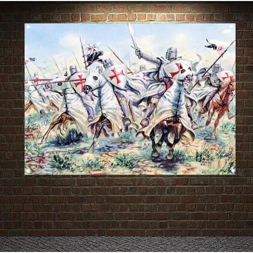 Knights Templar Battle Flag Banners Ancient Art of War Medieval Warriors Poster Canvas Painting Vintage Wall Hanging Tapestry E4