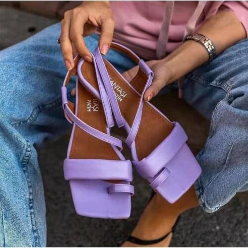2021 Women Thong Ankle Strap Sandals Female Square Toe Solid Fashion Summer Outside Beach Flat Ladies Casual Shoes Big Size