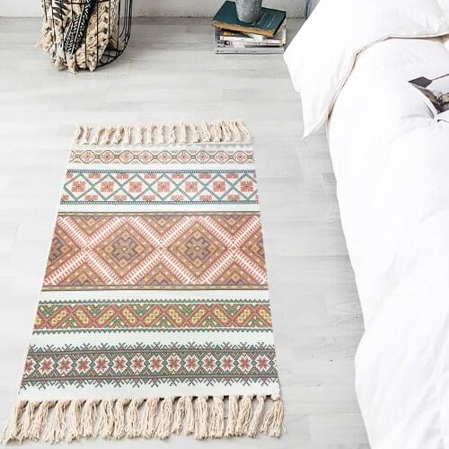3 X 2 Woven Mats Bohemian Cotton Area Rug Living Room Non Slip Washable Handmade Floor Carpet With Tassels Dropshiping 60x90cm