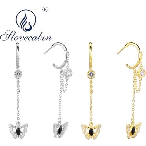 Slovecabin Real 100% 925 Sterling Silver Butterfly Dangle Drop Earrings With Clear CZ Pendientes Femme Luxury Fine Jewelry Gift