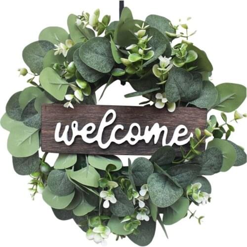 Artificial Eucalyptus Wreath Small Welcome Wreath with Wooden Sign and Eucalyptus Leaves for Front Door Window Home Decoration