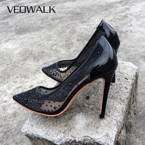Veowalk Women Pumps Pointed Toe High Heels Sexy Black Summer Shoes For Women See Through Slip on Pumps Party Mesh Shoes
