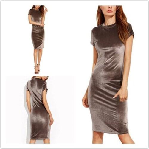 Spring new velvet dress womens round neck short sleeve pencil skirt