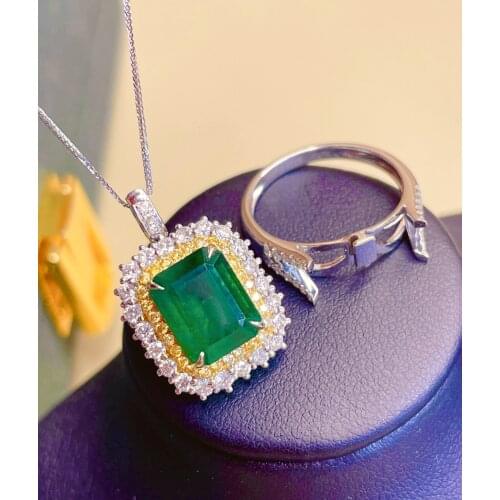 LR714 Fine Jewelry 18K Solid Gold Green Emerald Pendant Emearld 3.38ct Gold Diamond Pendant Gemstone Necklaces for Women