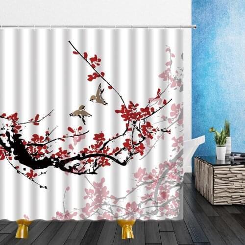 Chinese Style Shower Curtains Flowers Bird Natural Landscape 3D Pattern Mildew Proof Waterproof Cloth Bathroom Decor Curtain Set