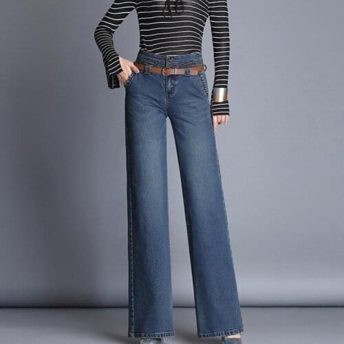 High Waist Jeans Woman Classic Denim Wide Leg Pants Autumn Plus Size Stretch Slim Fit Straight Flare Pants Washed Trousers