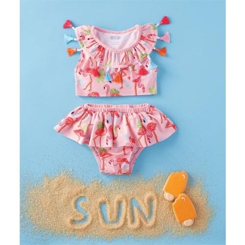 0-5Y Toddler Kids Baby Girls Bikini Sets Swimwear Cartoon Print Tassel Ruffles Sleeve T Shirts Tops+Shorts 2pcs Swimwear