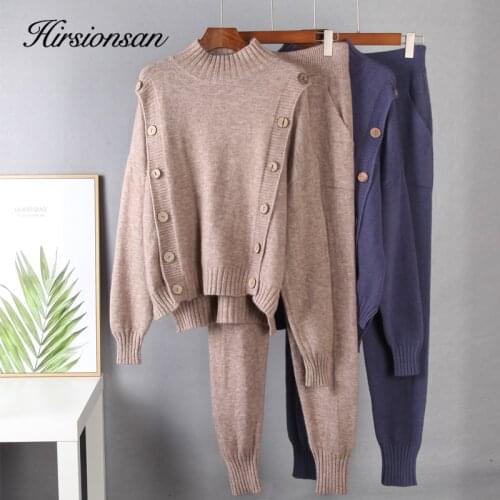 Hirsionsan Knitted Set Women 2021 Autumn Winter Loose button Sweater & Carrot Pant 2 Pieces Female Outfit Tracksuits Harem Pants