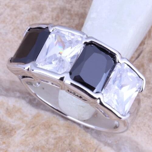 Dazzling White CZ Black Cubic Zirconia Silver Plated Womens Ring Size 6 / 7 / 8 / 9 R1301