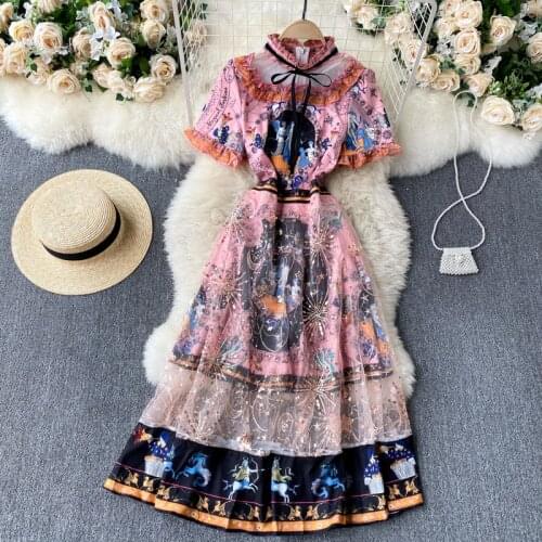 Womens Spring Summer Runway Fashion Short Sleeve Print Mesh Dress Female Travel Chic Party Lace Dress TB1796