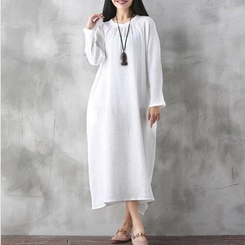 2020 Women Linen and Cotton Dress Oversize Loose Long sleeve Linen Retro maxi Dress ,plus size muslim dress S-5XL 6XL