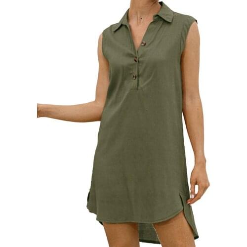 Women Dress Lapel Irregular Hem Summer Sleeveless Solid Color Buttons Ladies Fashion Mini Dress vestido de mujer платье летнее