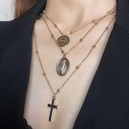 2020 New fashion Personality Multilayer Hip Hop Creative Cross Portrait Alloy Gold Cion Pendant Necklace For Women Jewelry Gifts