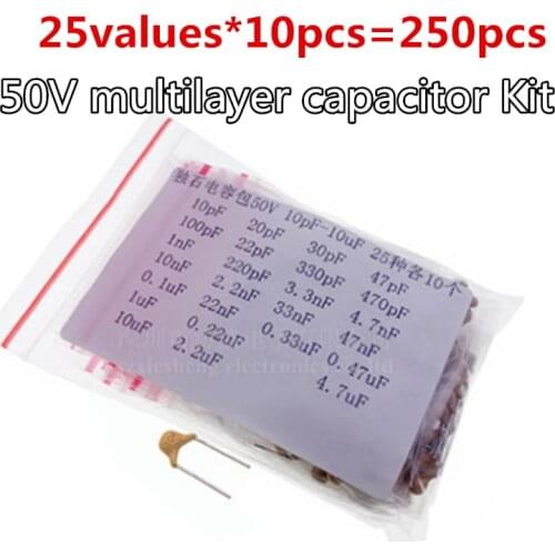 25values*10pcs=250pcs 50V Monolithic ceramic capacitor MLCC kIt P=5.08MM 10pF-10uF