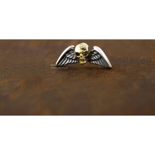 925 Sterling Silver & Brass Skull Skeleton Wing Post Stud Single Earring Jewelry A1371
