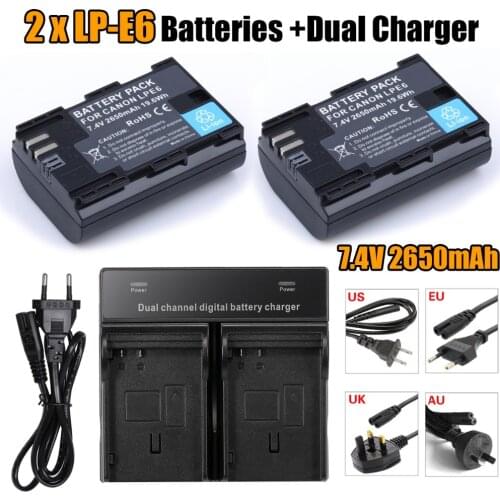 2* fullcode LP-E6 LPE6 Battery Batteries Batteria AKKU + Dual Charger For Canon EOS 5DS R 5D Mark II III 6D 7D 60D 60Da 70D 80D