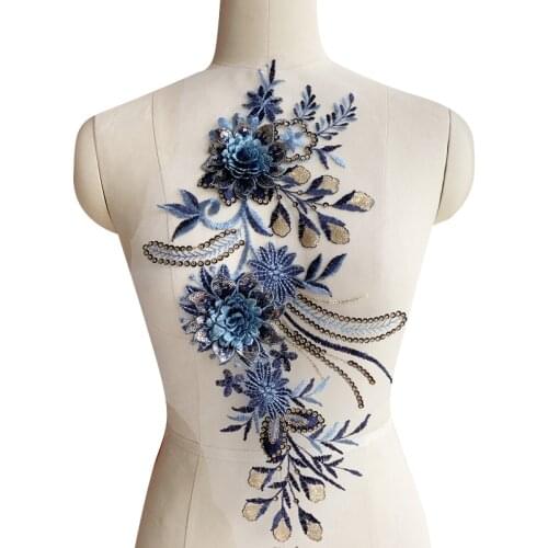 3D Flowers Sequins Lace Fabric Applique Trims For Clothing Wedding/Evening Dress Embroidery Patches DIY Sew On Accessories