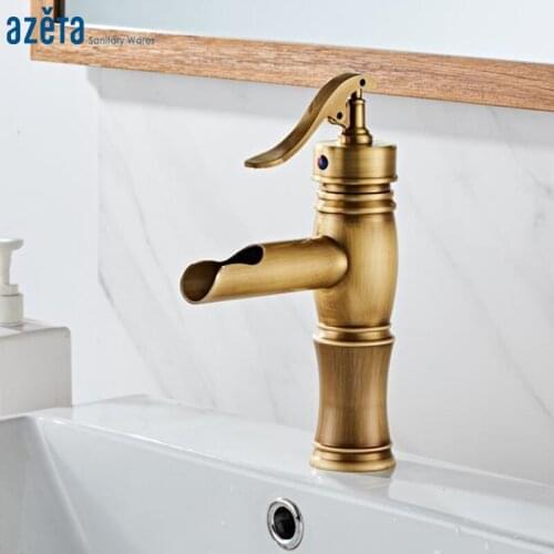 Azeta Basin Faucet Waterfall Bathroon Antique Brass Faucet Deck Mounted Wash Basin Tap Single Handle Basin Sink Mixer AT7606A
