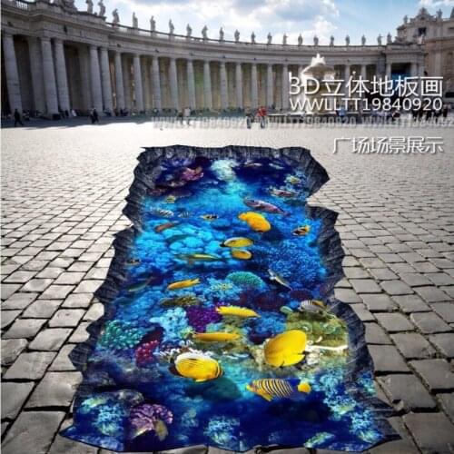 Free Shipping Stereoscopic 3D Street Painting Ocean World thickeded waterproof study living room flooring wallpaper mural
