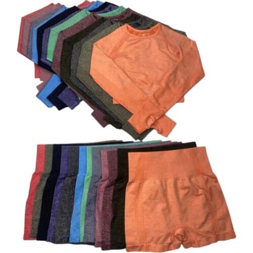 2021New 2PCS/Set High Waist Vital Seamless Yoga Shorts With Gym Workout Clothes Long Sleeve Fitness Crop Top Sport Suit Yoga Set