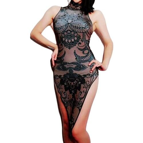 Sparkling Rhinestones Black Print Sleeveless Women Dress Net Yarn Perspective Split Dress Singer Stage Rave Festival Costumes
