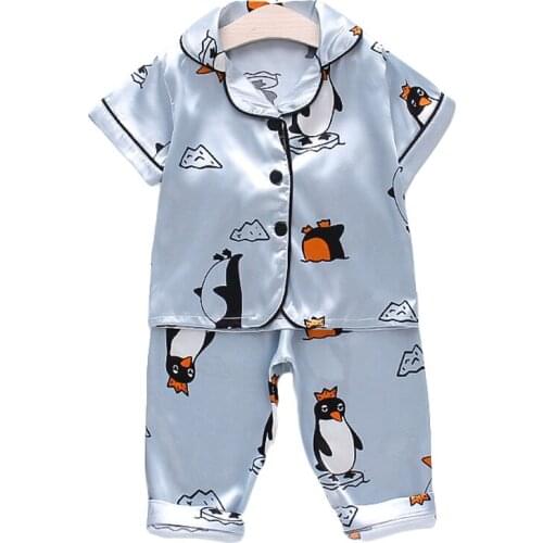 Baby Satin Pajama Sets Boys Girls Single-Breasted Nightwear Kids Short Sleeve Pants Homewear Children Silk Sleepwear Suit Unisex