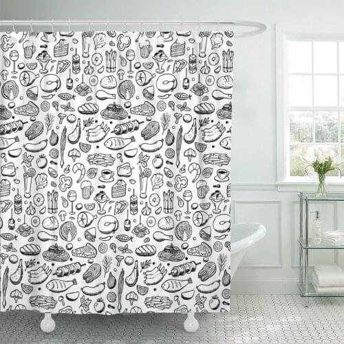 Sketch of Doodle Food and Drink for Prints Salad Shower Curtain Polyester 72 x 72 Inches Set with Hooks