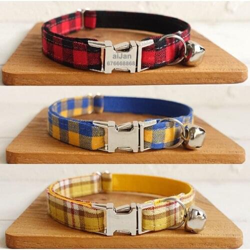 Cat Collar Name Personalized Kitten Chihuahua Collars with Bell Adjustable Plaid Pattern Collar Engraving Tag Nameplate