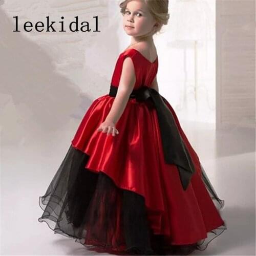 Red And Black Tulle Satin Flower Girls Dress Girls Red Satin Girls Birthday Party Pageant Celebrity Gowns Custom