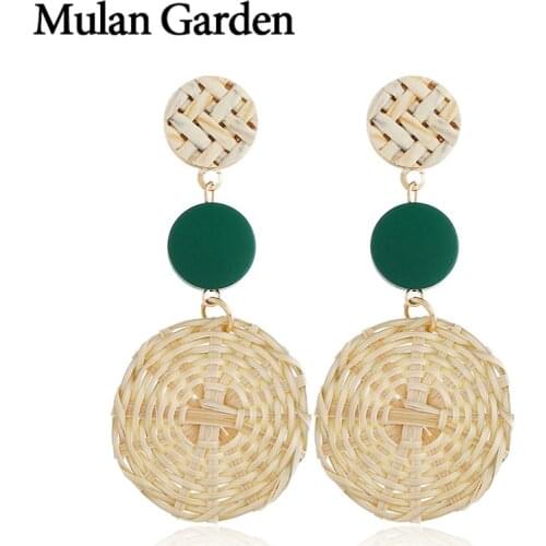 M&G Round Green Handmade Rattan Earrings for Women Long Ethnic Bohemian Wood Dangle Earrings Fashion Jewelry Elegant Accessories